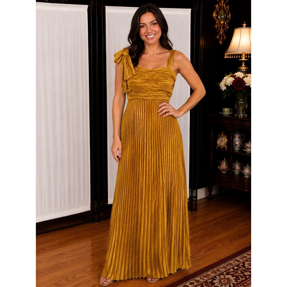 Lulus Women's Mustard Gold Pleated Maxi Dress One Shoulder Bow Size Large